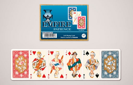 Playing card set with 'Empire Patience' packaging on a gray background