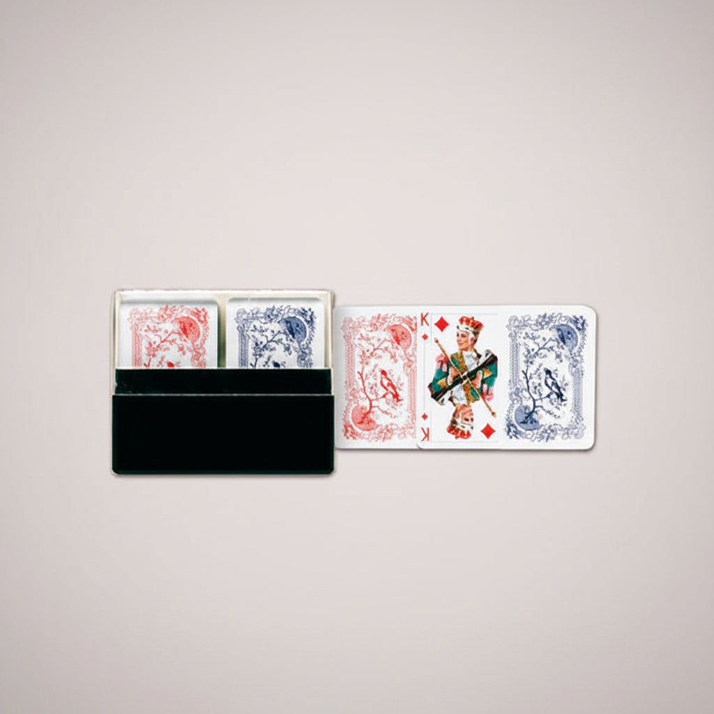 Piatnik Mini Patience cards in plastic case with red and blue card backs and small illustrated court card