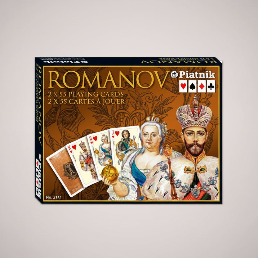 Piatnik Romanov playing cards packaging with illustrations of a tzar Nicolas and tzarina in historical attire.