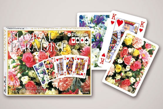Piatnik Floral Paradise pink playing cards with a box on a gray background