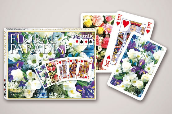 Piatnik Floral Paradise blue playing cards with packaging on a gray background