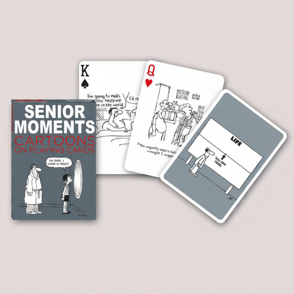 Piatnik Senior Moments cartoon playing cards with illustrated tuck box and humorous card faces