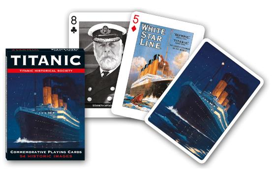 Set of Titanic-themed playing cards with images and text on a white background