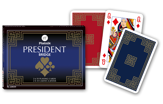 Platnik President Bridge playing cards with a blue box and two cards displayed.