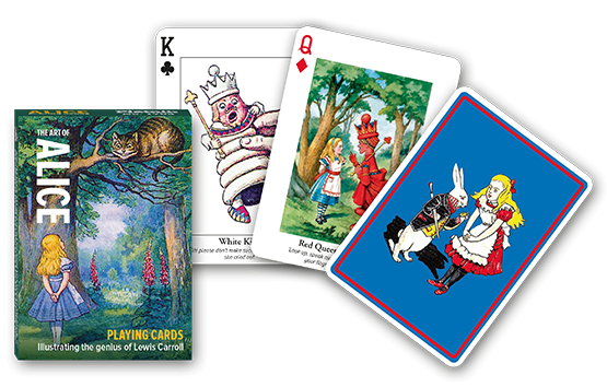 Playing cards featuring Alice in Wonderland illustrations on a white background