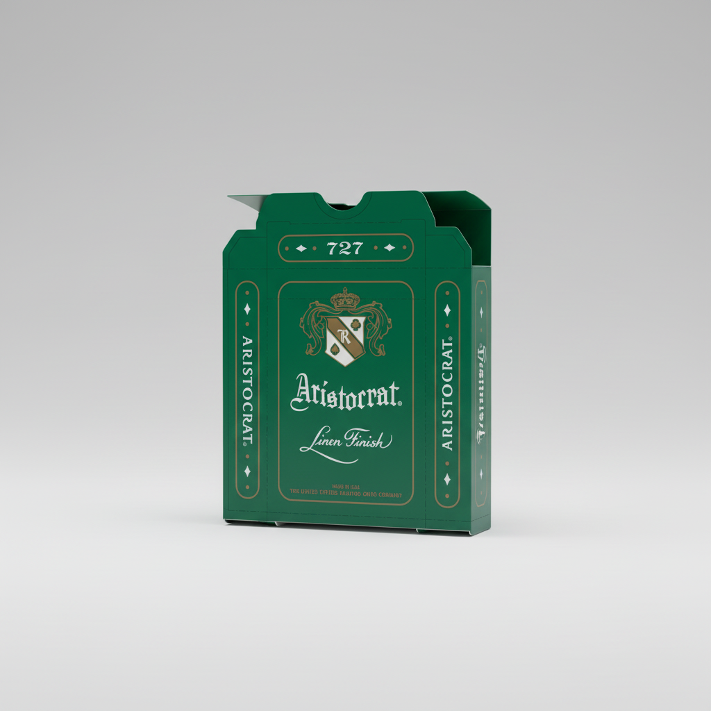 Currency green packaging of Aristocrat playing cards with brand logo and text.