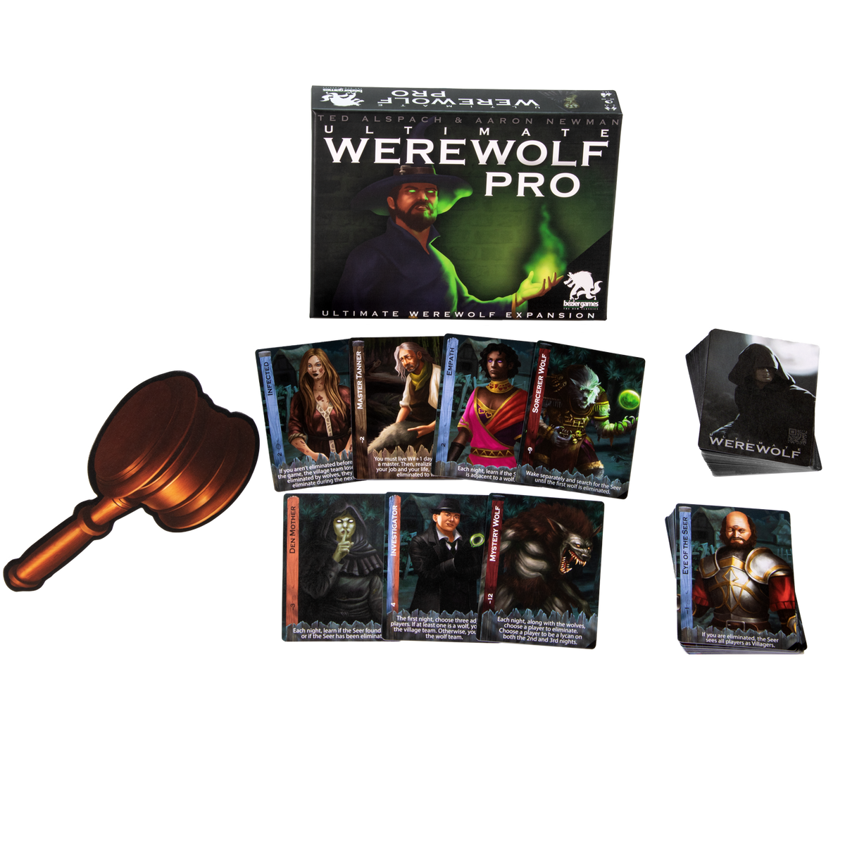 Ultimate Werewolf Pro expansion box, additional role cards, and gavel-shaped player item included in the bundle.
