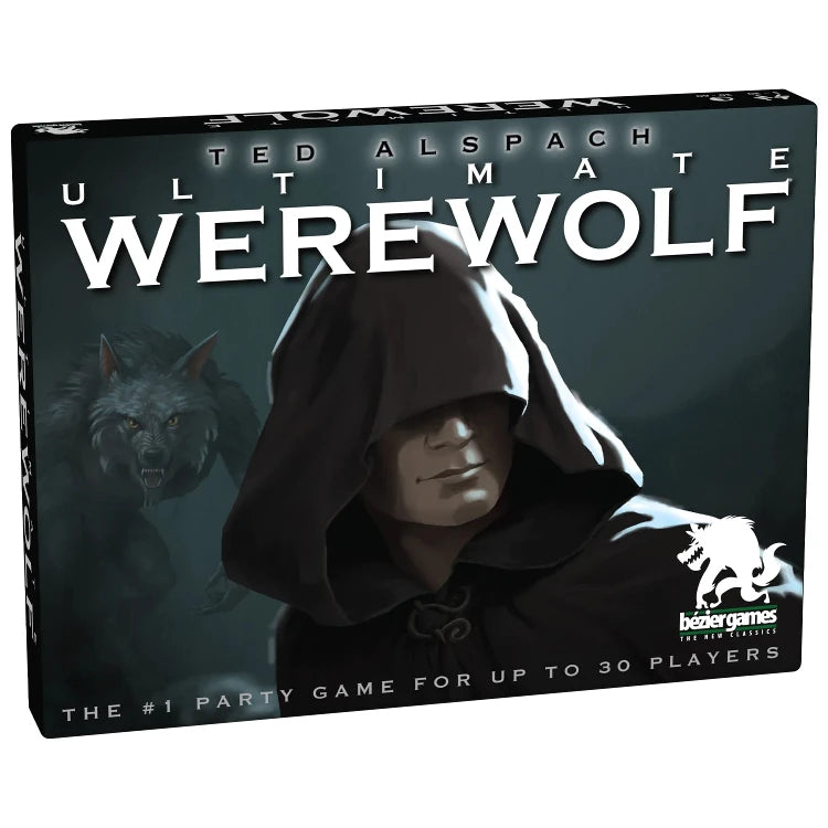 Ultimate Werewolf base game box featuring a hooded character against a dark background.