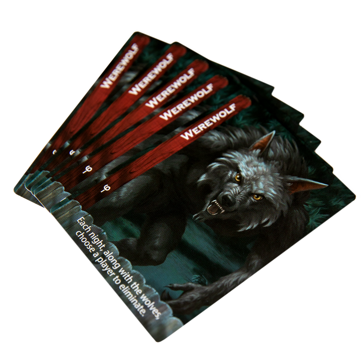 Five Werewolf role cards from Ultimate Werewolf fanned on a white background.
