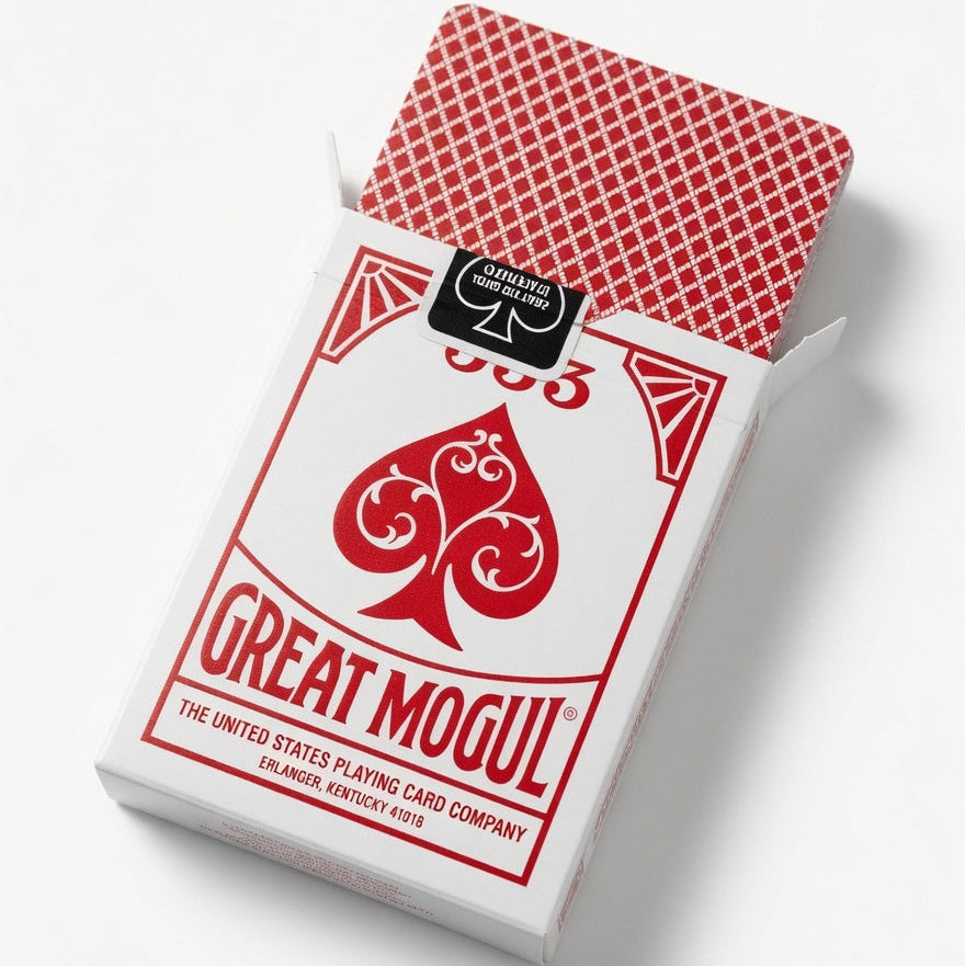 Red and white playing cards with 'Great Mogul' branding on a white background