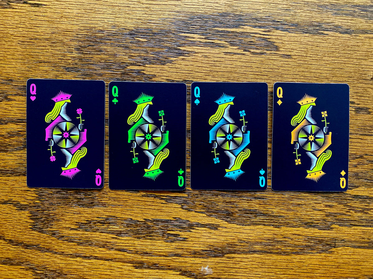 Four custom Queens from Polaris Winter Solstice showing the pink, green, cyan and orange suit colors