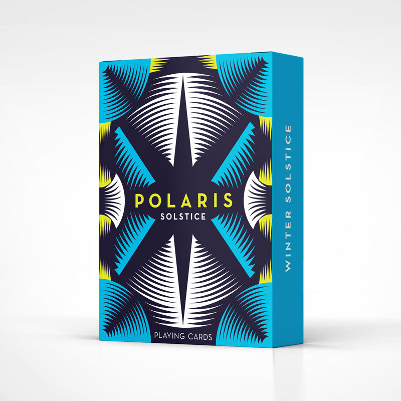 Vanda Polaris Winter Solstice Playing Cards tuck box with cyan, neon yellow, white and black geometric design
