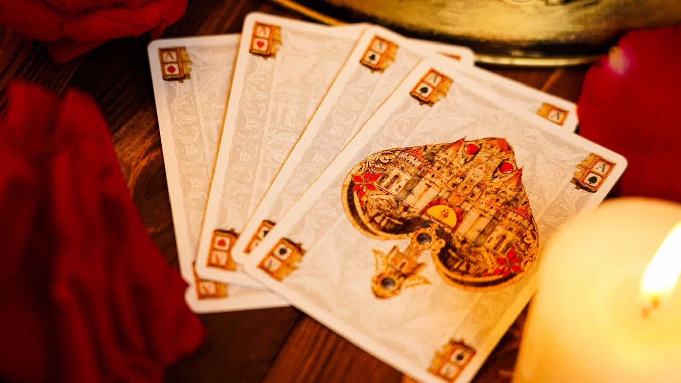 Custom Fortress Aces fanned with the illustrated castle Ace of Spades