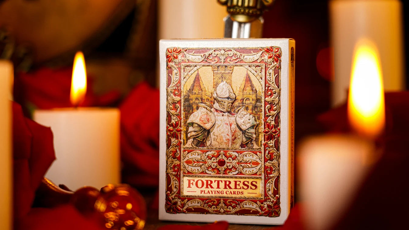 Fortress Playing Cards tuck box with armored knight artwork surrounded by red roses and candles
