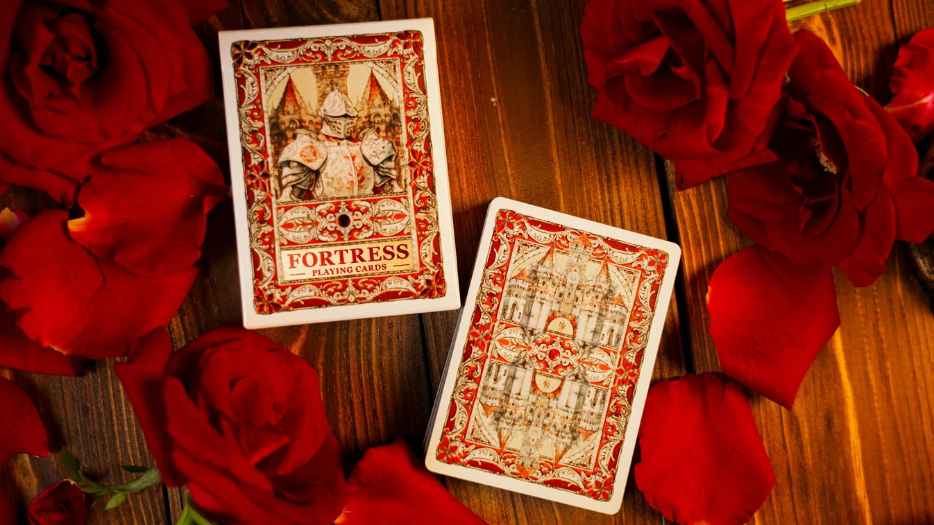 Fortress Playing Cards tuck box beside the custom two-way castle card back