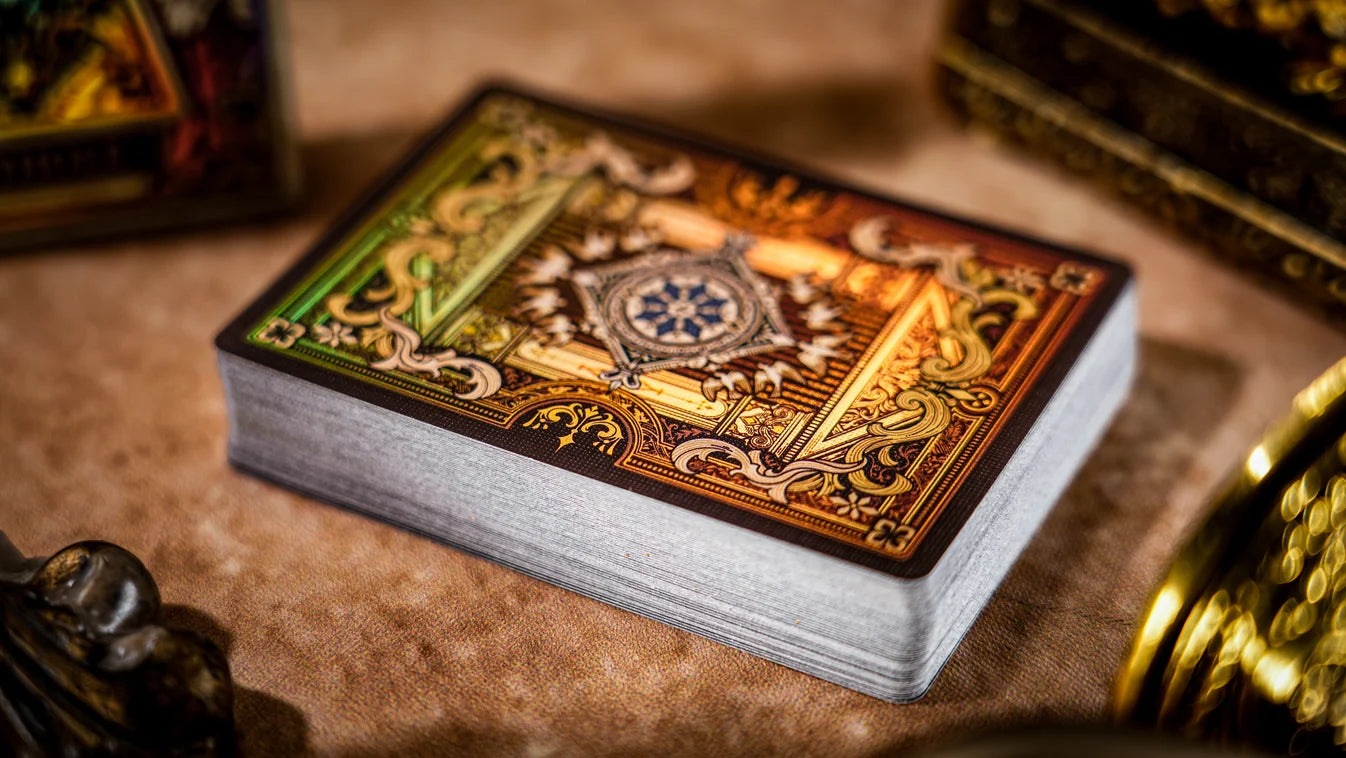 Stack of Keyhole Greek Mythology cards showing ornate holographic two-way back