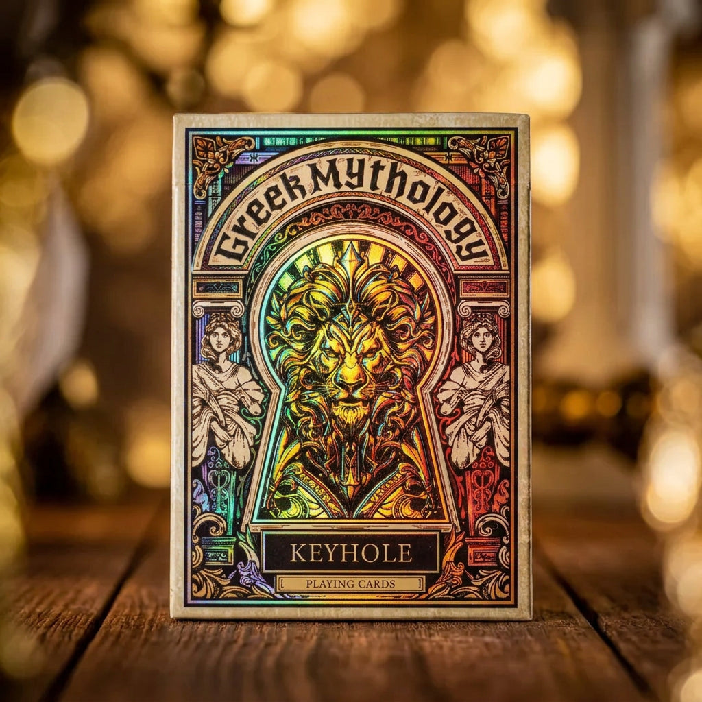 Keyhole Greek Mythology Luxury Edition playing card tuck with holographic foil lion artwork