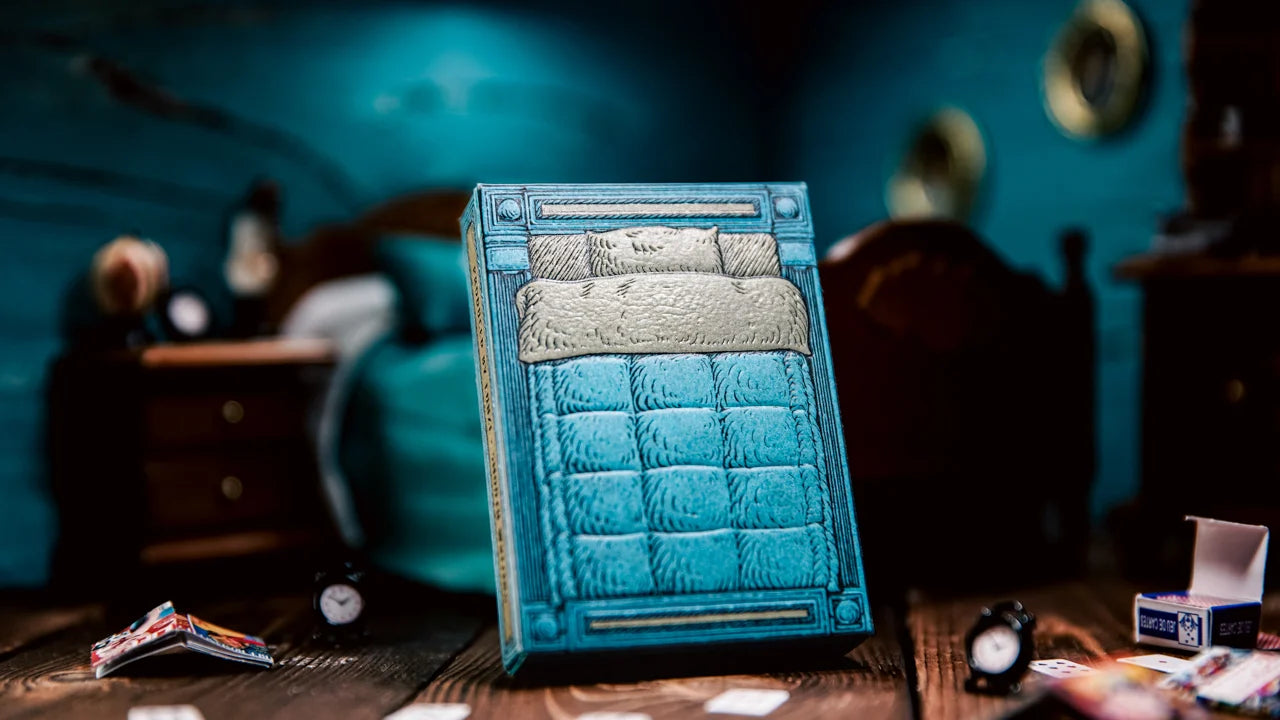 Sleep Walk tuck box featuring hand-drawn blue bed and bedding artwork