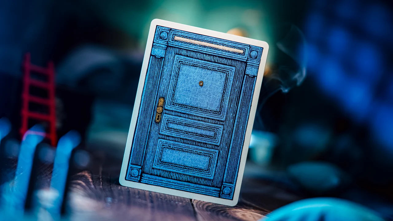 Hand-drawn blue door artwork from Sleep Walk Playing Cards