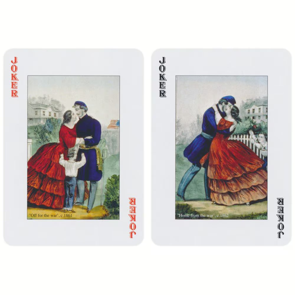 Two joker cards from a vintage playing card set with romantic scenes.