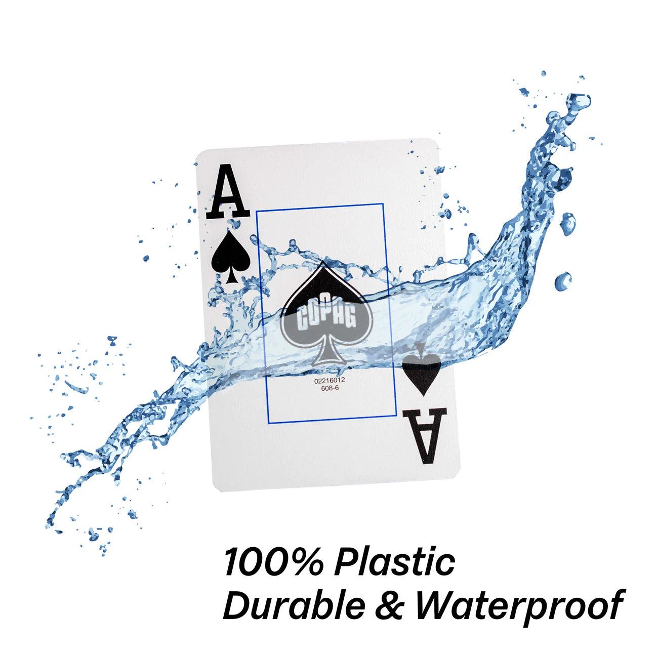 Playing card with Copag logo and water splash, text '100% Plastic Durable & Waterproof' on a white background