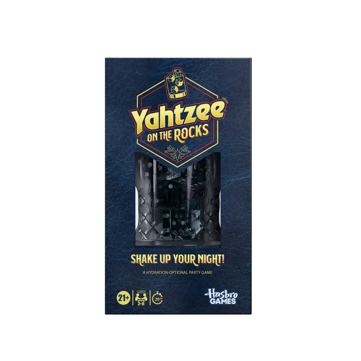 Front of the navy and gold Yahtzee On the Rocks box with the shaker cup visible through its window