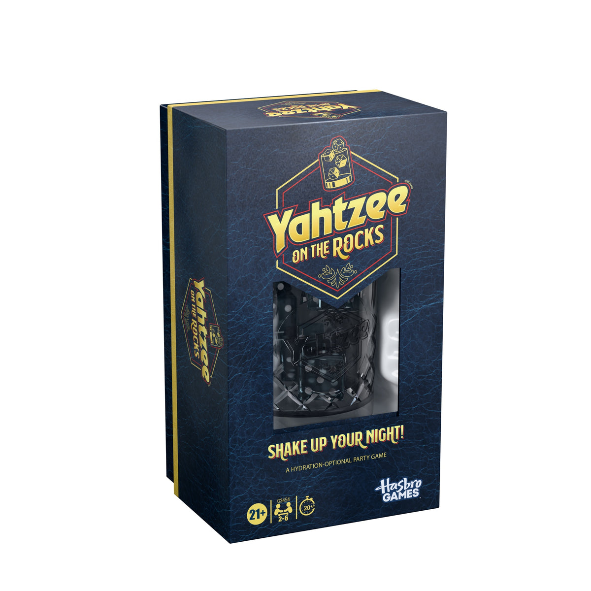 Angled side view of the Yahtzee On the Rocks box showing the clear shaker cup through the window