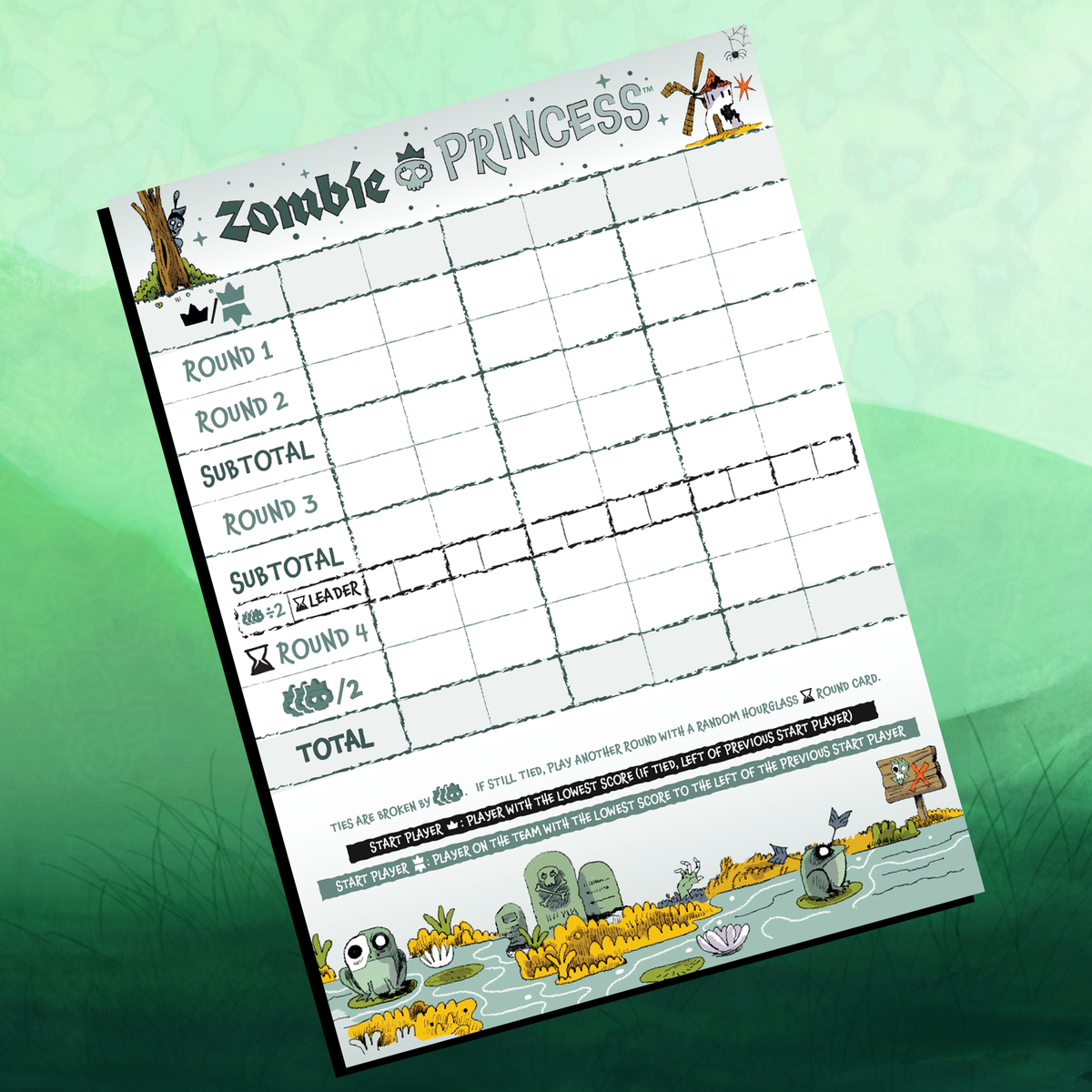 Zombie Princess Deluxe Edition scorepad with spaces for four rounds and final totals.